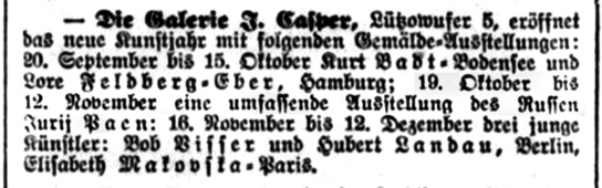 Объявление в газете «Berliner Börsenzeitung» (1930, 8 августа).